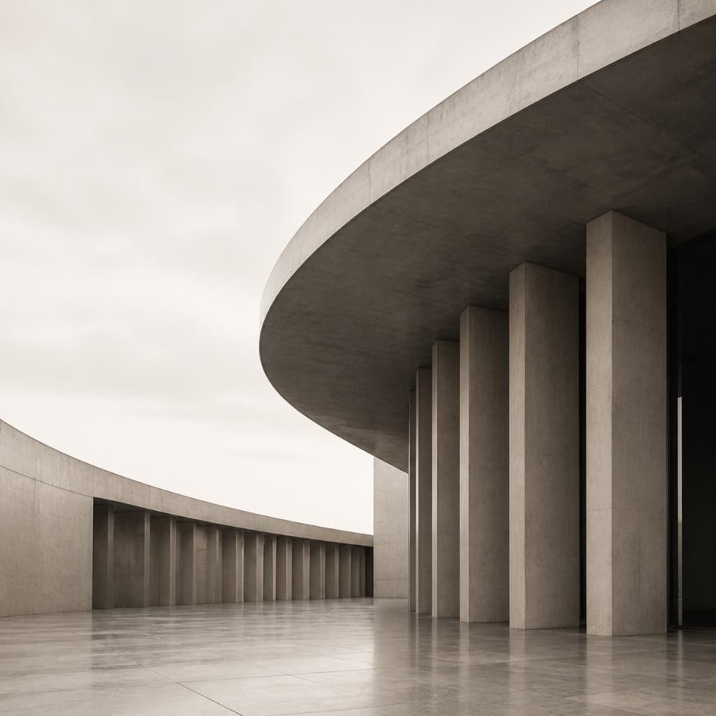 Curved concrete colonnade in a modern building
