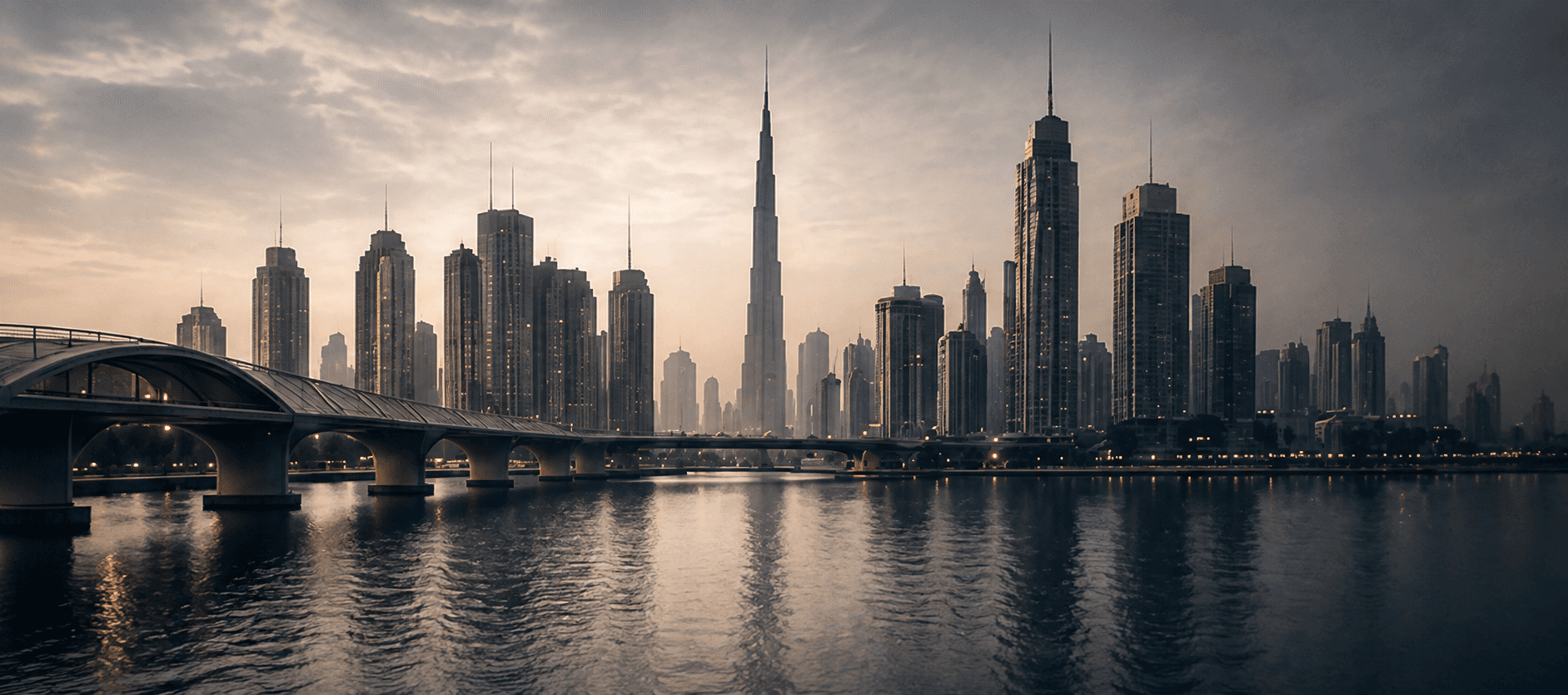Dubai skyline across the water at dusk