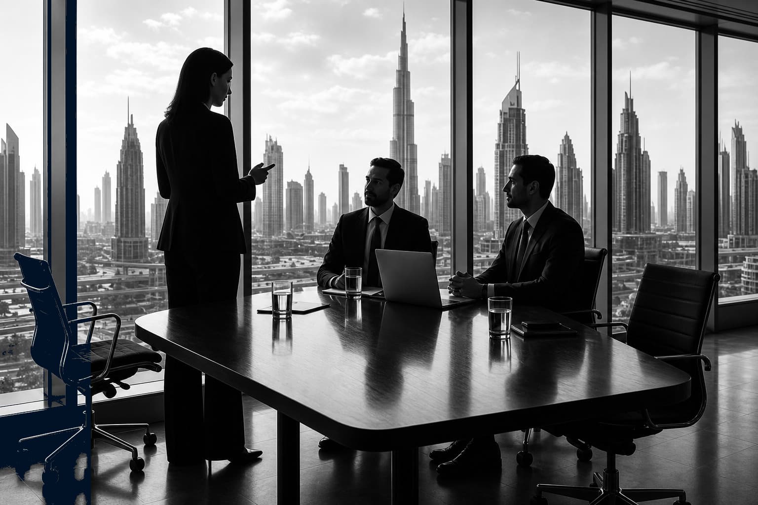 Business meeting in a high-rise office overlooking the city