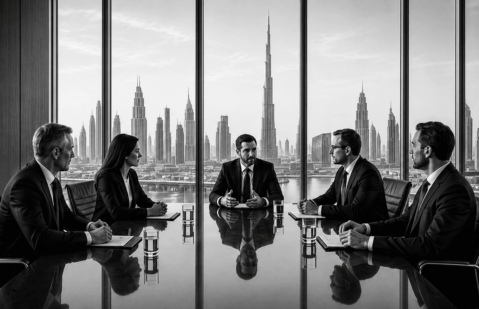 Leadership team in a boardroom overlooking the city