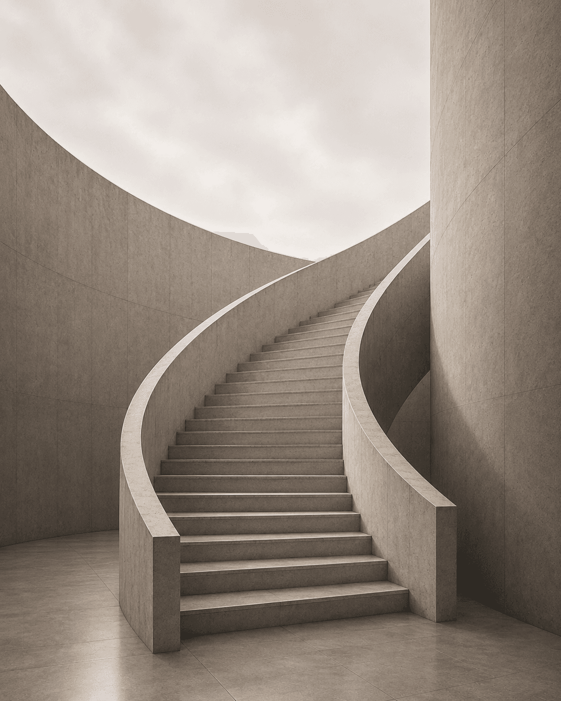 Curved concrete staircase ascending in a modern building